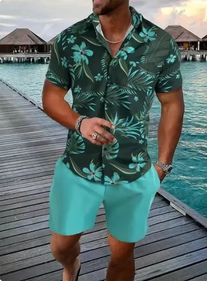 Men's 3D printed lapel slim-fit short sleeve shirt and shorts outfit in polyester fibre, shown in colour option 01, on a model.