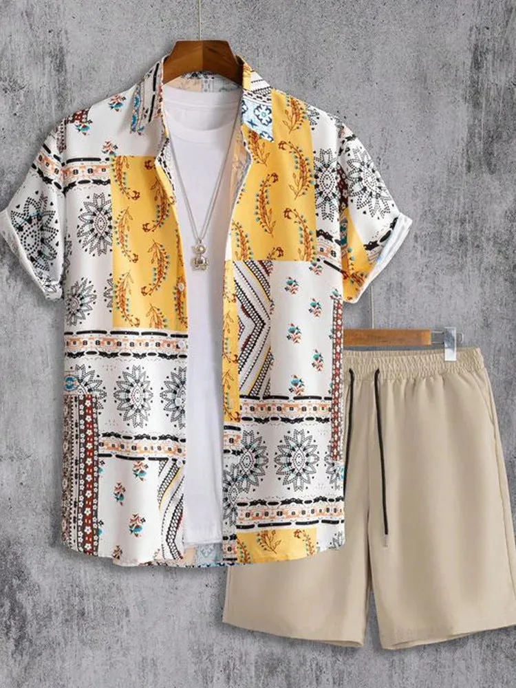 Men's 3D printed lapel slim-fit short sleeve shirt and shorts outfit in polyester fibre, shown in colour option 01, on a model.