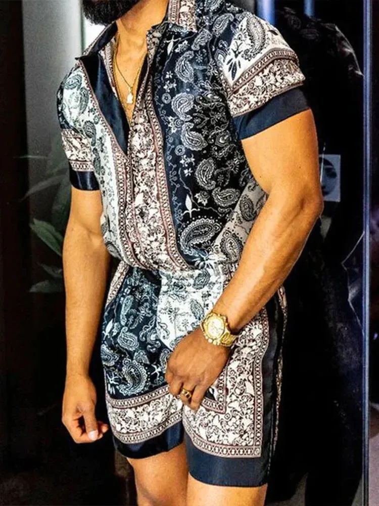 Men's 3D printed lapel slim-fit short sleeve shirt and shorts outfit in polyester fibre, shown in colour option 01, on a model.