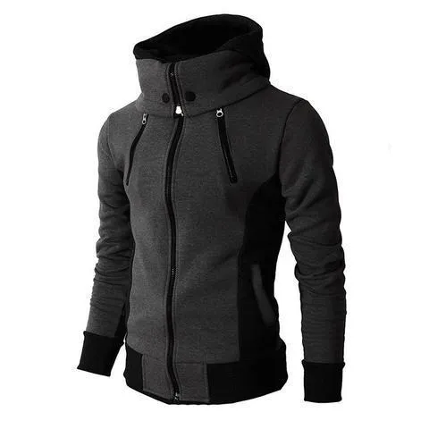 Men's high-necked hooded jacket in Darkgrey colour, front view, showing raised collar and attached hood