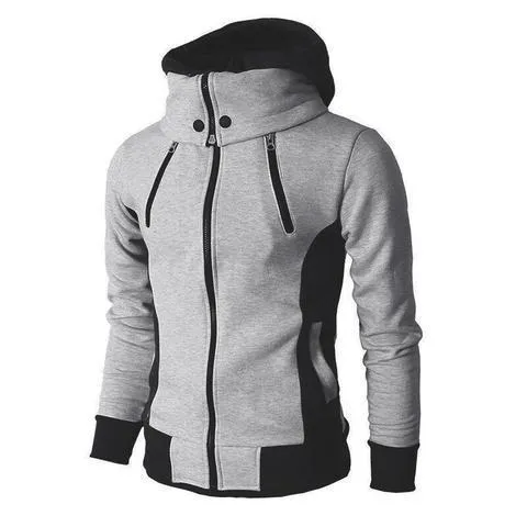 Men's high-necked hooded jacket in Darkgrey colour, front view, showing raised collar and attached hood