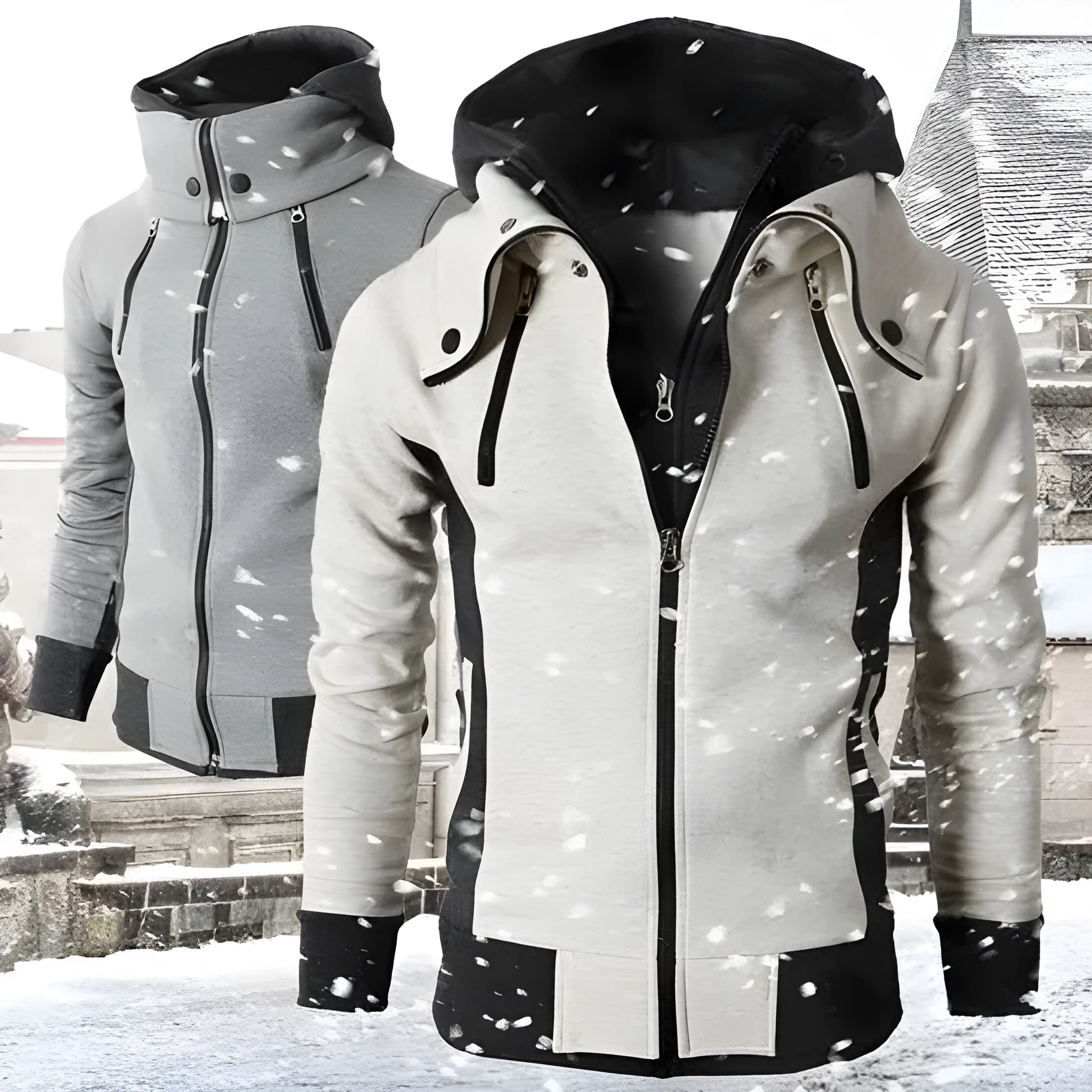 Men's high-necked hooded jacket in Darkgrey colour, front view, showing raised collar and attached hood