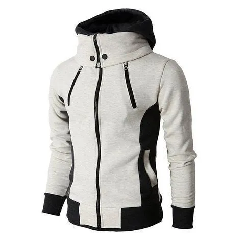 Men's high-necked hooded jacket in Darkgrey colour, front view, showing raised collar and attached hood