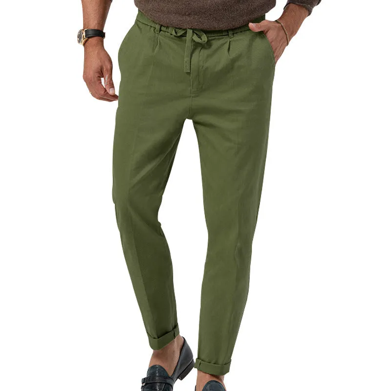 Men's casual drawstring suit pants in straight-leg cotton blend, high waist, available in multiple colours including black, white, khaki and army green, sizes S-XXXL