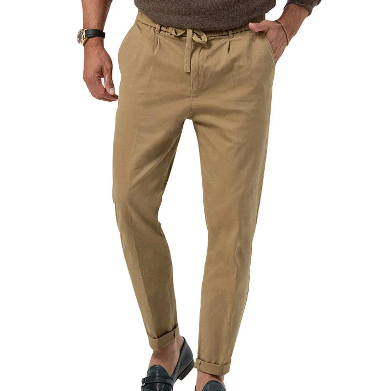 Men's casual drawstring suit pants in straight-leg cotton blend, high waist, available in multiple colours including black, white, khaki and army green, sizes S-XXXL