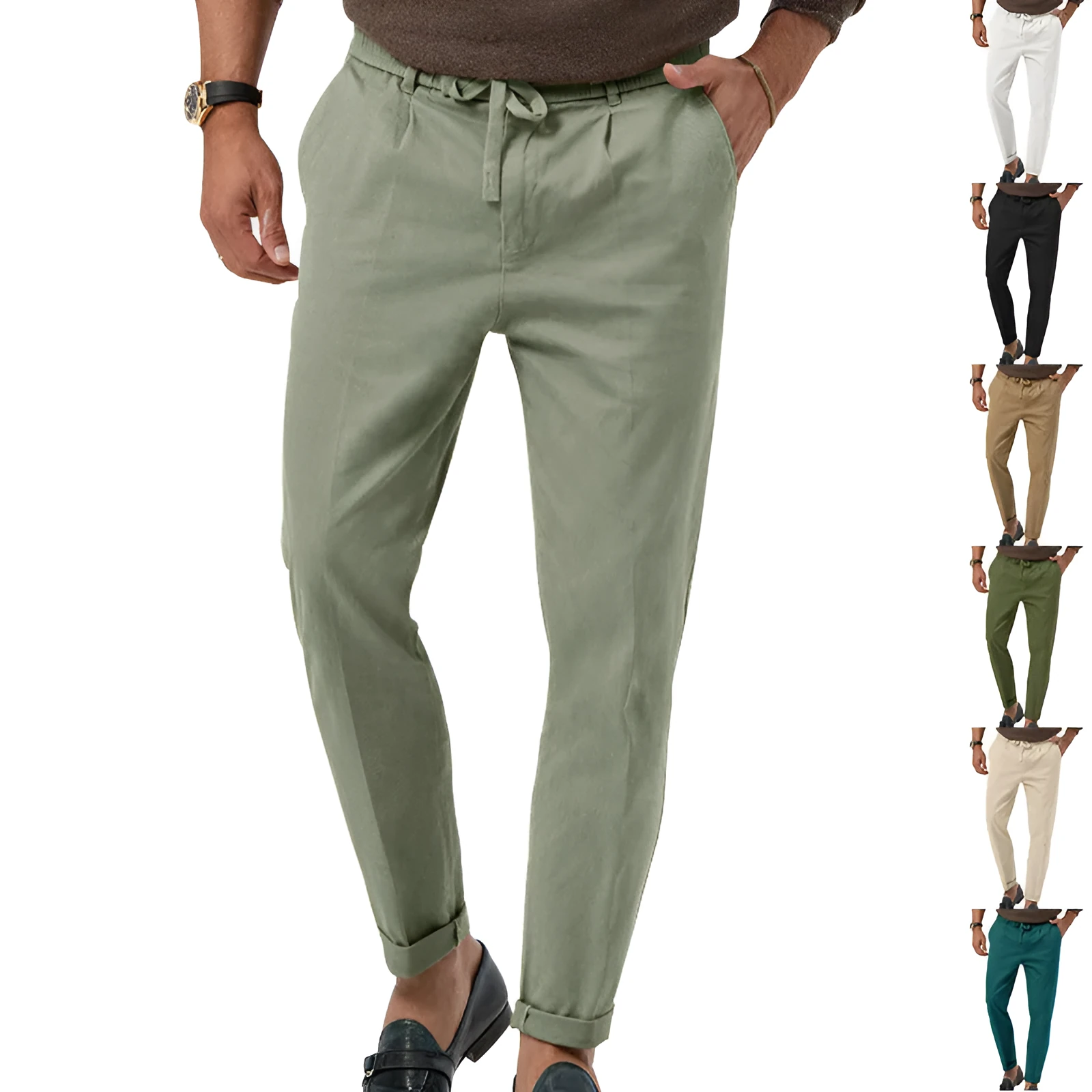Men's casual drawstring suit pants in straight-leg cotton blend, high waist, available in multiple colours including black, white, khaki and army green, sizes S-XXXL