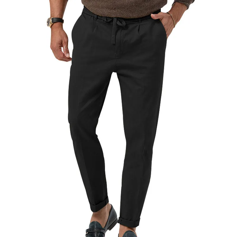 Men's casual drawstring suit pants in straight-leg cotton blend, high waist, available in multiple colours including black, white, khaki and army green, sizes S-XXXL