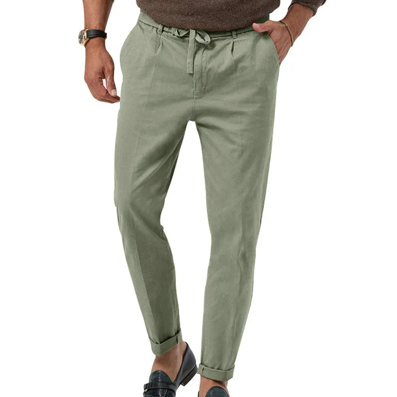 Men's casual drawstring suit pants in straight-leg cotton blend, high waist, available in multiple colours including black, white, khaki and army green, sizes S-XXXL