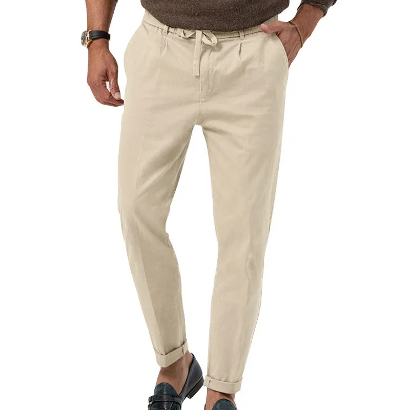 Men's casual drawstring suit pants in straight-leg cotton blend, high waist, available in multiple colours including black, white, khaki and army green, sizes S-XXXL