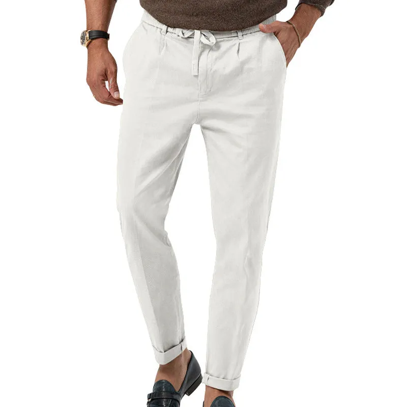 Men's casual drawstring suit pants in straight-leg cotton blend, high waist, available in multiple colours including black, white, khaki and army green, sizes S-XXXL