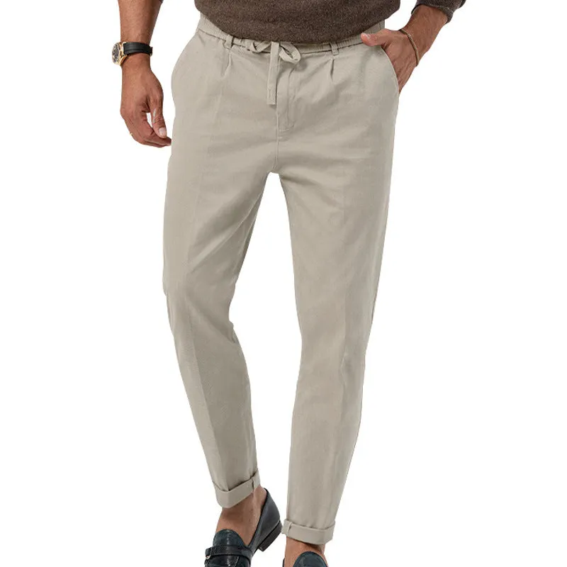 Men's casual drawstring suit pants in straight-leg cotton blend, high waist, available in multiple colours including black, white, khaki and army green, sizes S-XXXL