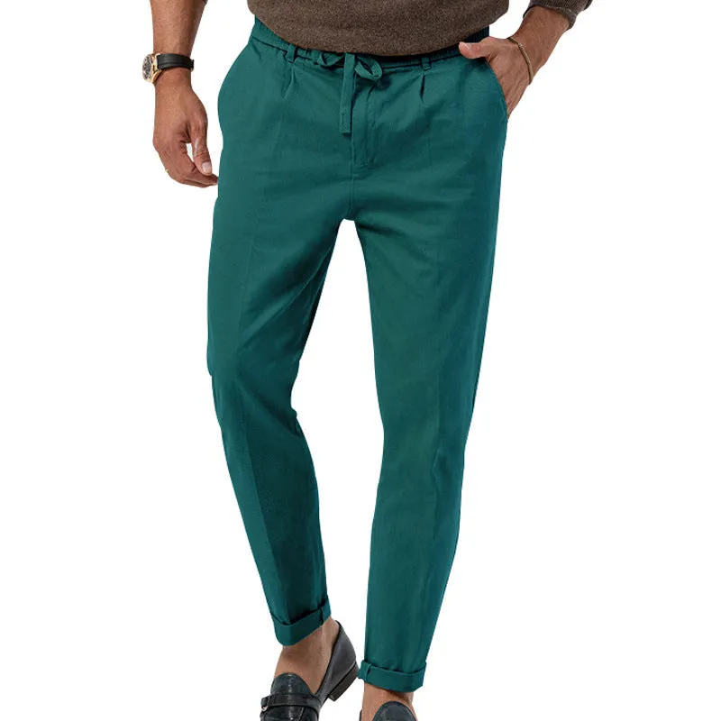 Men's casual drawstring suit pants in straight-leg cotton blend, high waist, available in multiple colours including black, white, khaki and army green, sizes S-XXXL