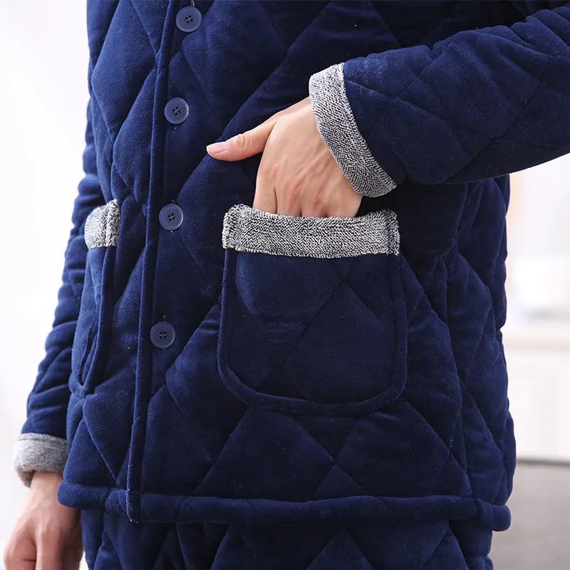 Thick quilted blue pajamas with embroidery lapel collar for women, long sleeves and trousers