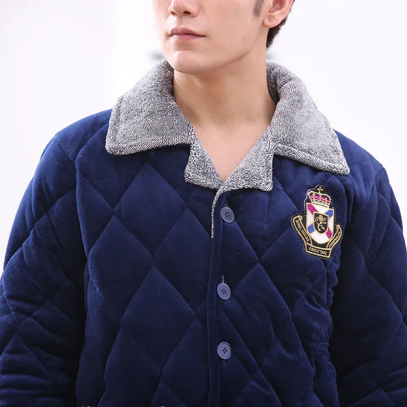 Thick quilted blue pajamas with embroidery lapel collar for women, long sleeves and trousers