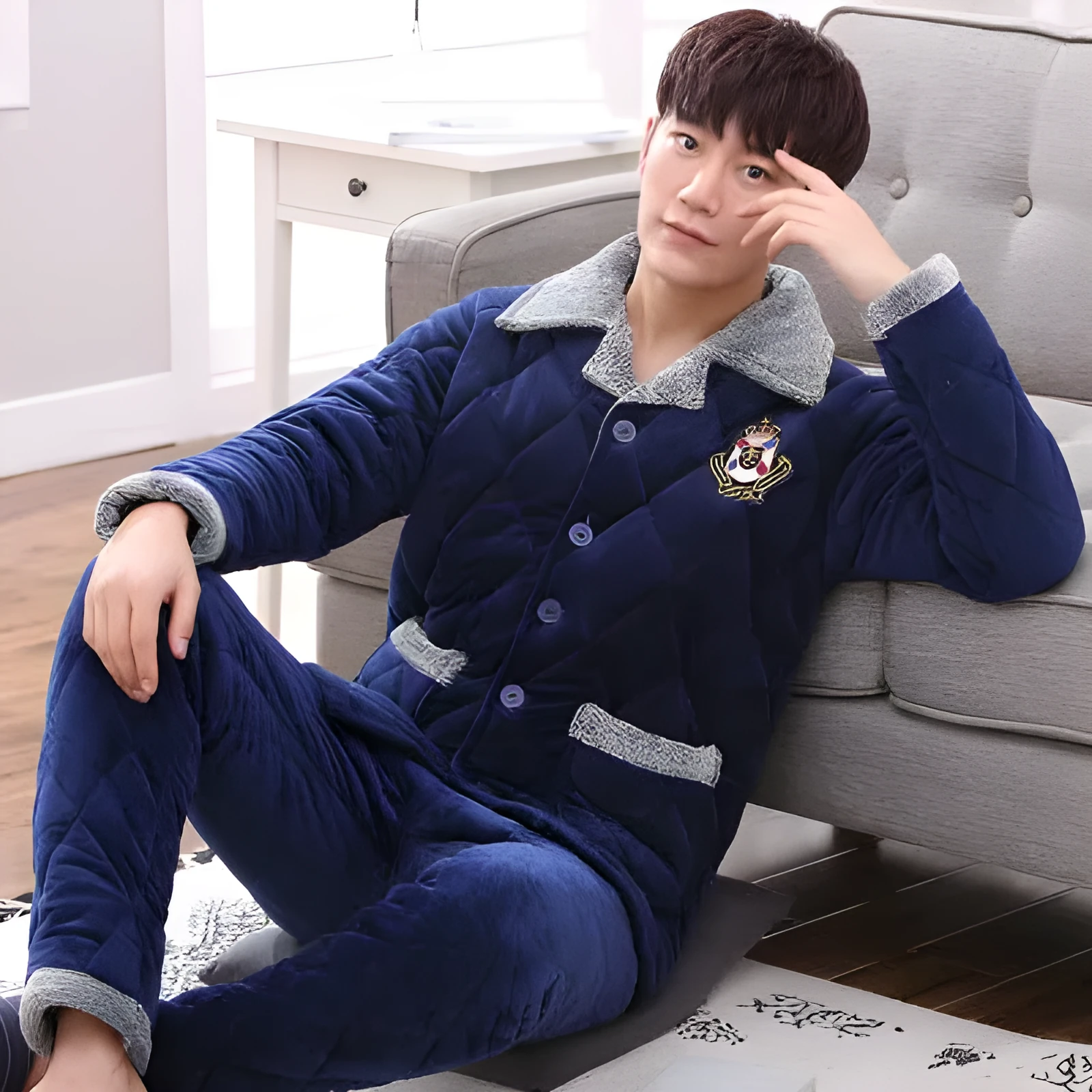 Thick quilted blue pajamas with embroidery lapel collar for women, long sleeves and trousers