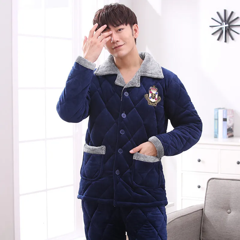 Thick quilted blue pajamas with embroidery lapel collar for women, long sleeves and trousers