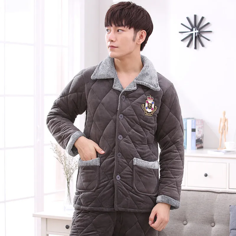 Thick quilted blue pajamas with embroidery lapel collar for women, long sleeves and trousers