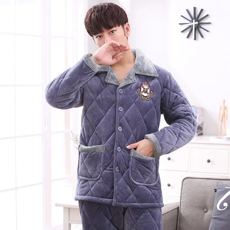Thick quilted blue pajamas with embroidery lapel collar for women, long sleeves and trousers