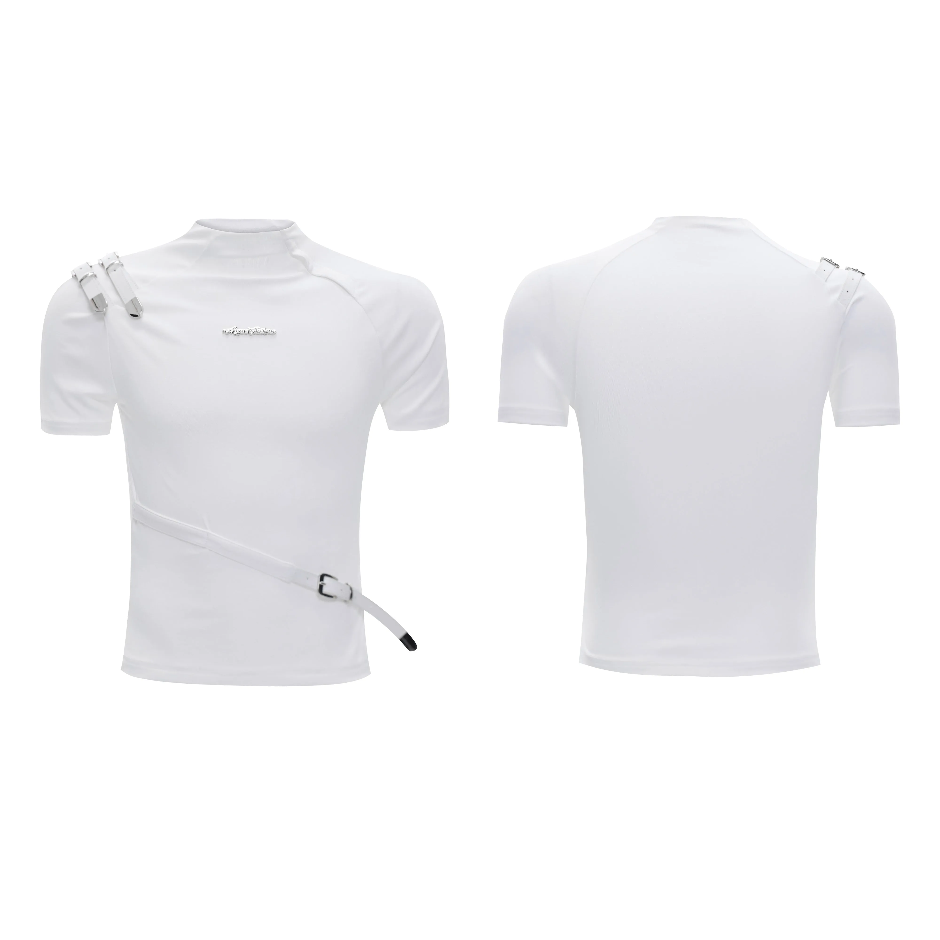 Men's cotton T-shirt with metal belt design and small stand-up collar slim fit short sleeve
