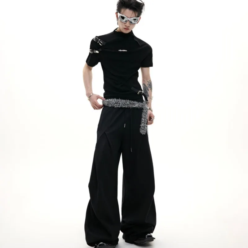 Men's cotton T-shirt with metal belt design and small stand-up collar slim fit short sleeve