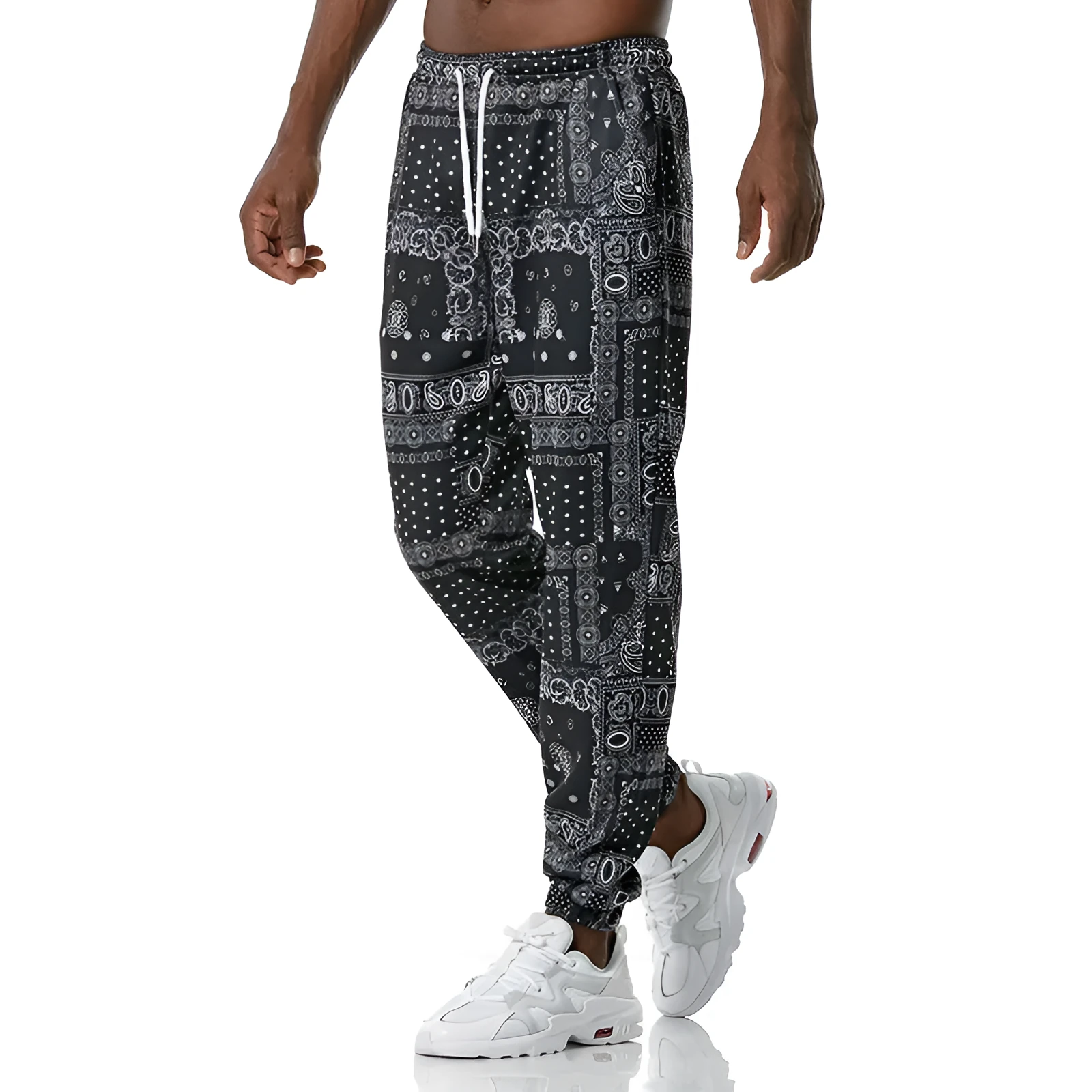 Ethnic printed slacks in Korean straight-leg style with mid-waist rise, no belt, available in sizes S to XXL