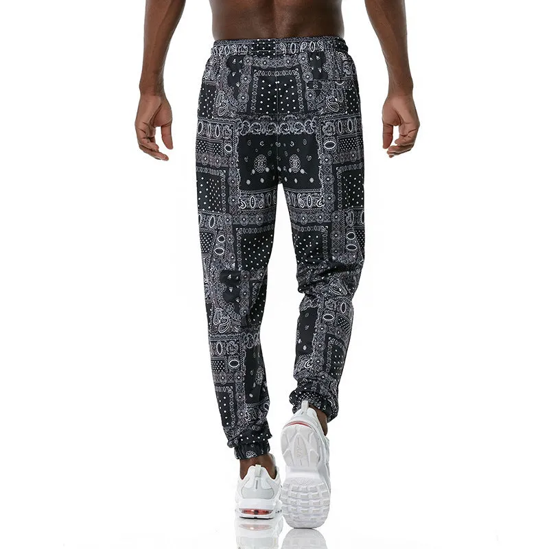 Ethnic printed slacks in Korean straight-leg style with mid-waist rise, no belt, available in sizes S to XXL