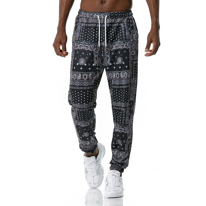 Ethnic printed slacks in Korean straight-leg style with mid-waist rise, no belt, available in sizes S to XXL
