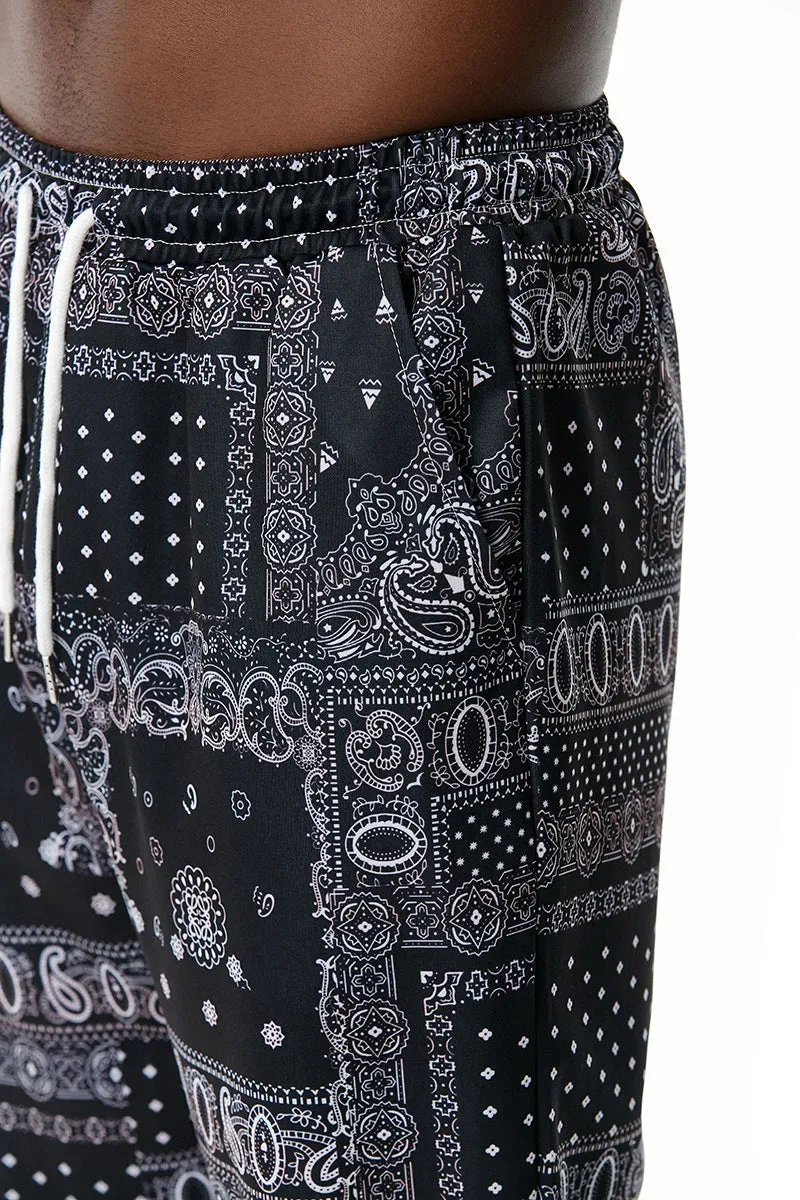Ethnic printed slacks in Korean straight-leg style with mid-waist rise, no belt, available in sizes S to XXL