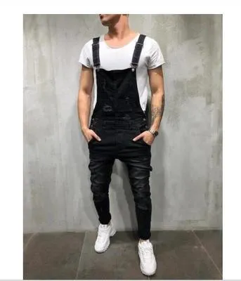 Men's baggy jeans suspenders with holes, loose fit, button flap, mid waist, blue colour option
