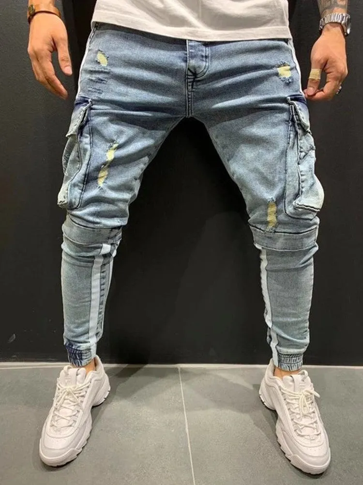 Men's baggy jeans suspenders with holes, loose fit, button flap, mid waist, blue colour option