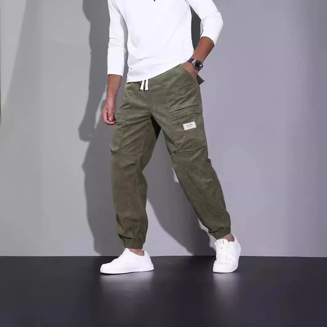 Men's corduroy overalls ankle-tied loose casual trousers multi-pocket solid colour available in black red army green brown grey