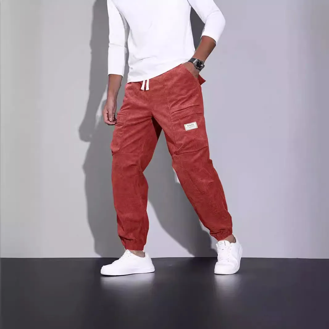 Men's corduroy overalls ankle-tied loose casual trousers multi-pocket solid colour available in black red army green brown grey