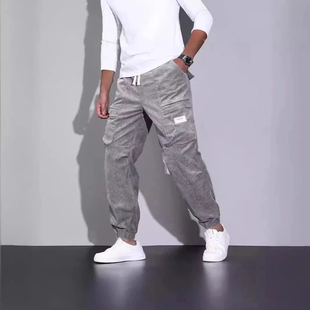 Men's corduroy overalls ankle-tied loose casual trousers multi-pocket solid colour available in black red army green brown grey