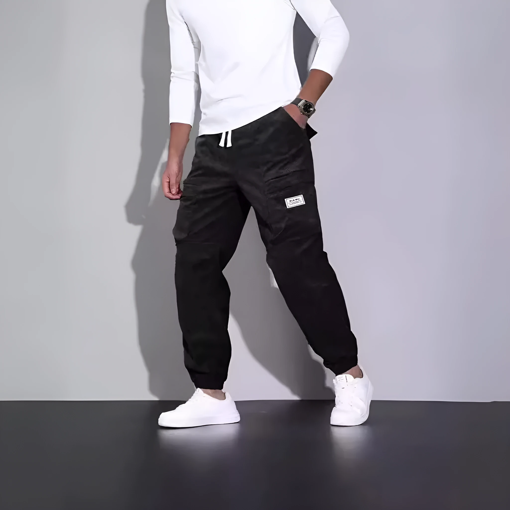 Men's corduroy overalls ankle-tied loose casual trousers multi-pocket solid colour available in black red army green brown grey
