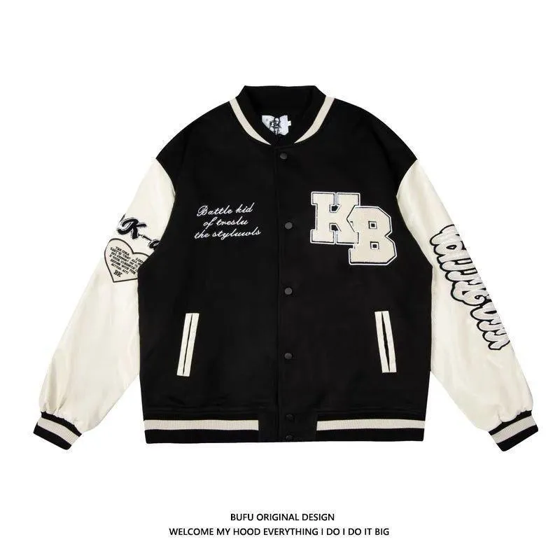 Men's embroidered hip hop baseball jacket in solid colour denim with cotton lining, loose fit, side seam pockets, available in brown