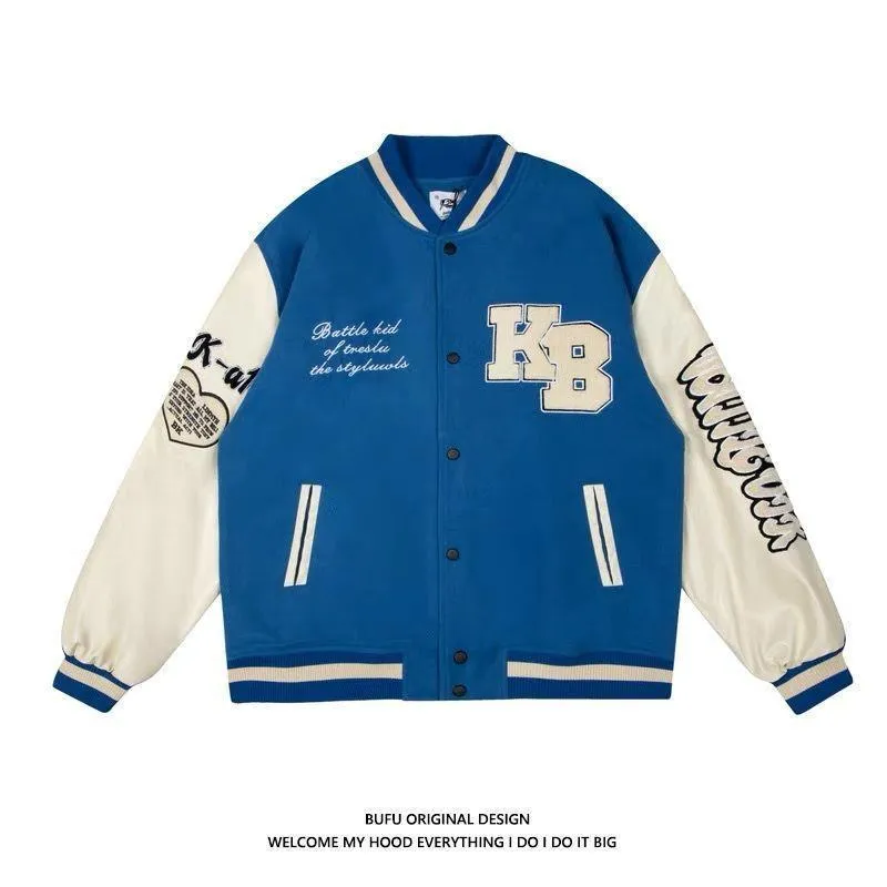 Men's embroidered hip hop baseball jacket in solid colour denim with cotton lining, loose fit, side seam pockets, available in brown
