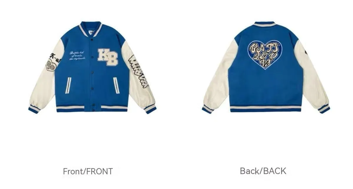 Men's embroidered hip hop baseball jacket in solid colour denim with cotton lining, loose fit, side seam pockets, available in brown
