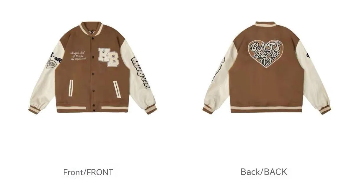 Men's embroidered hip hop baseball jacket in solid colour denim with cotton lining, loose fit, side seam pockets, available in brown