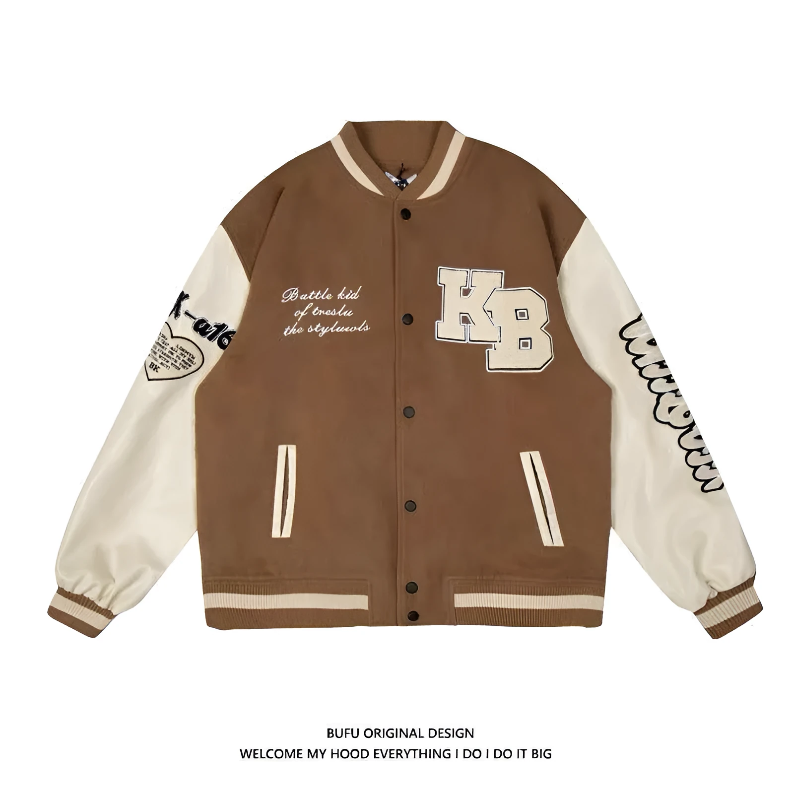 Men's embroidered hip hop baseball jacket in solid colour denim with cotton lining, loose fit, side seam pockets, available in brown