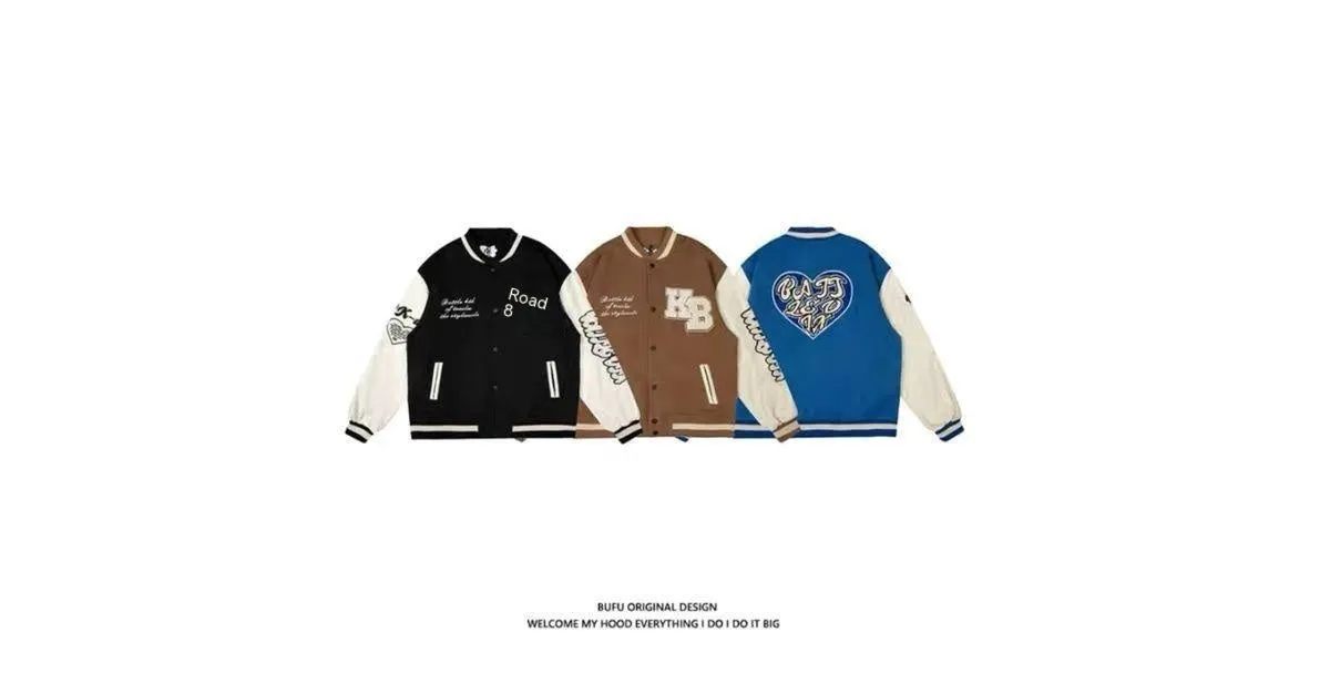 Men's embroidered hip hop baseball jacket in solid colour denim with cotton lining, loose fit, side seam pockets, available in brown
