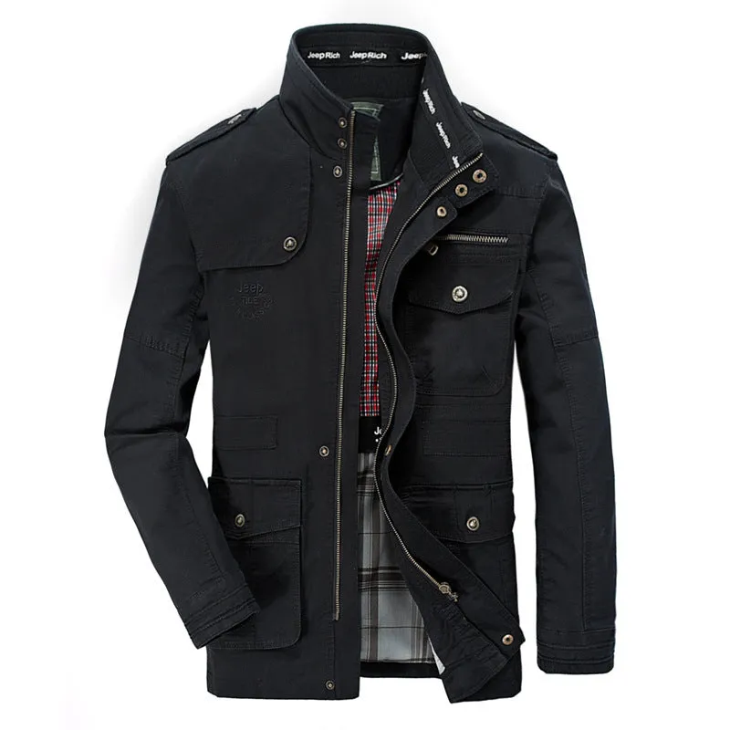 Men's cotton stand collar zip jacket in army green, plain design, loose fit for spring autumn