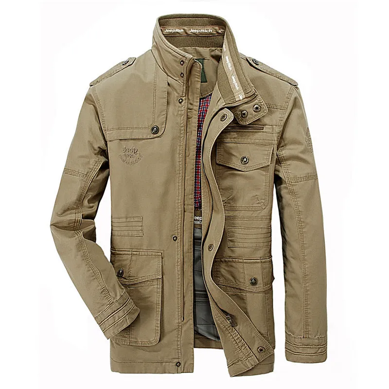 Men's cotton stand collar zip jacket in army green, plain design, loose fit for spring autumn