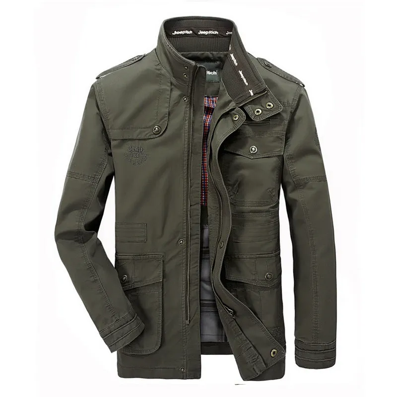 Men's cotton stand collar zip jacket in army green, plain design, loose fit for spring autumn