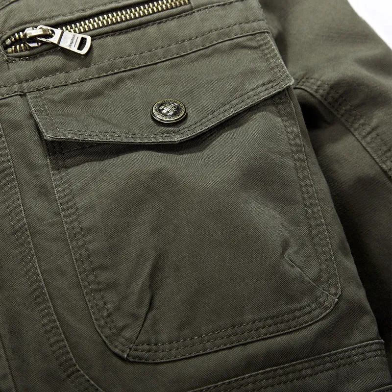 Men's cotton stand collar zip jacket in army green, plain design, loose fit for spring autumn