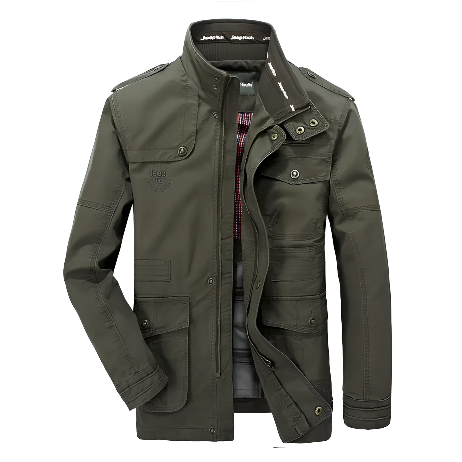 Men's cotton stand collar zip jacket in army green, plain design, loose fit for spring autumn