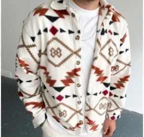 Men's retro ethnic print brushed cotton casual shirt jacket white colour block long sleeve lapel collar