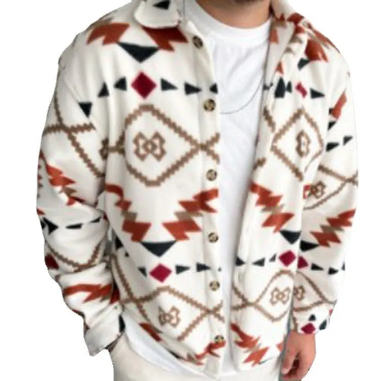 Men's retro ethnic print brushed cotton casual shirt jacket white colour block long sleeve lapel collar