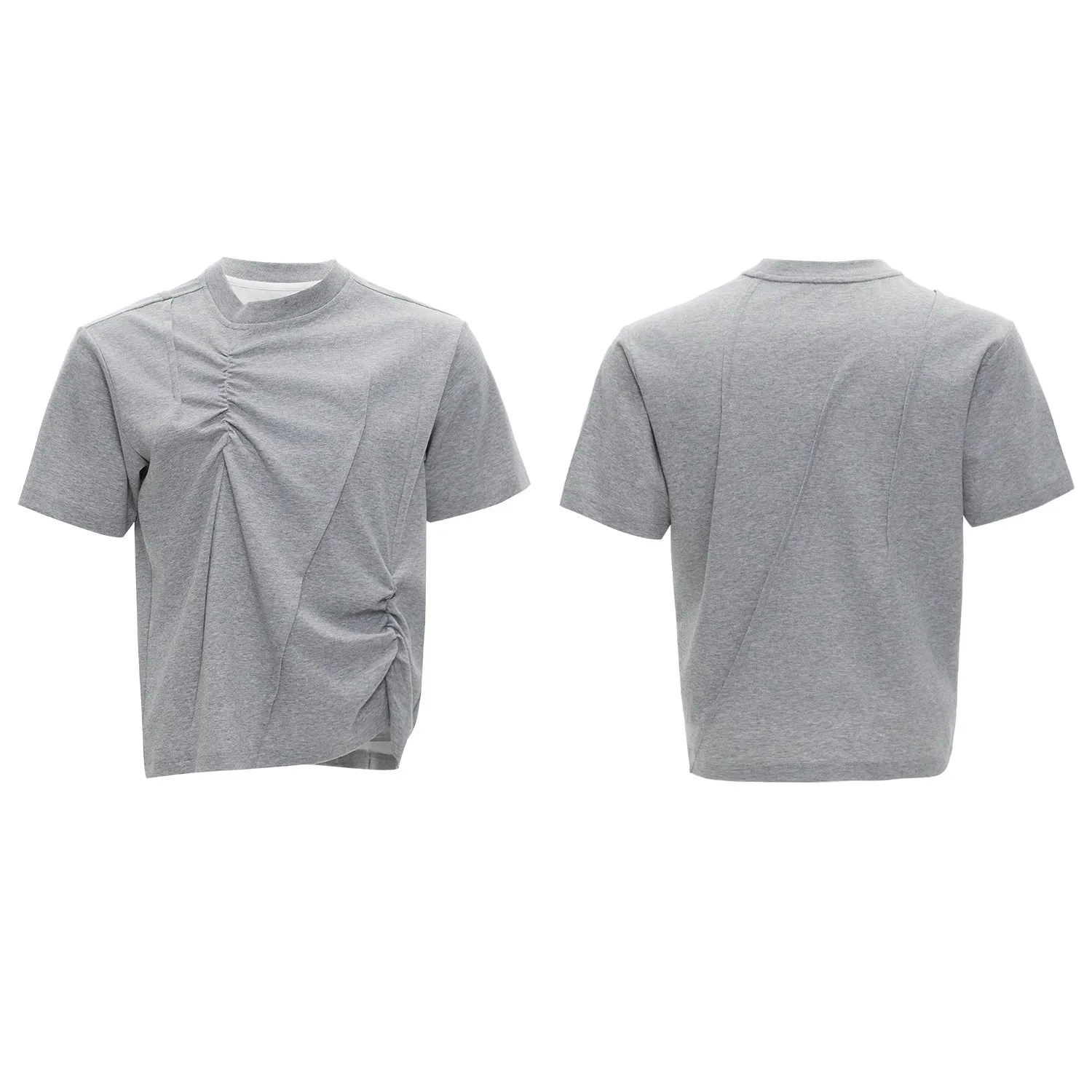 Men's loose black cotton T-shirt with textured pleats and asymmetric design detail.