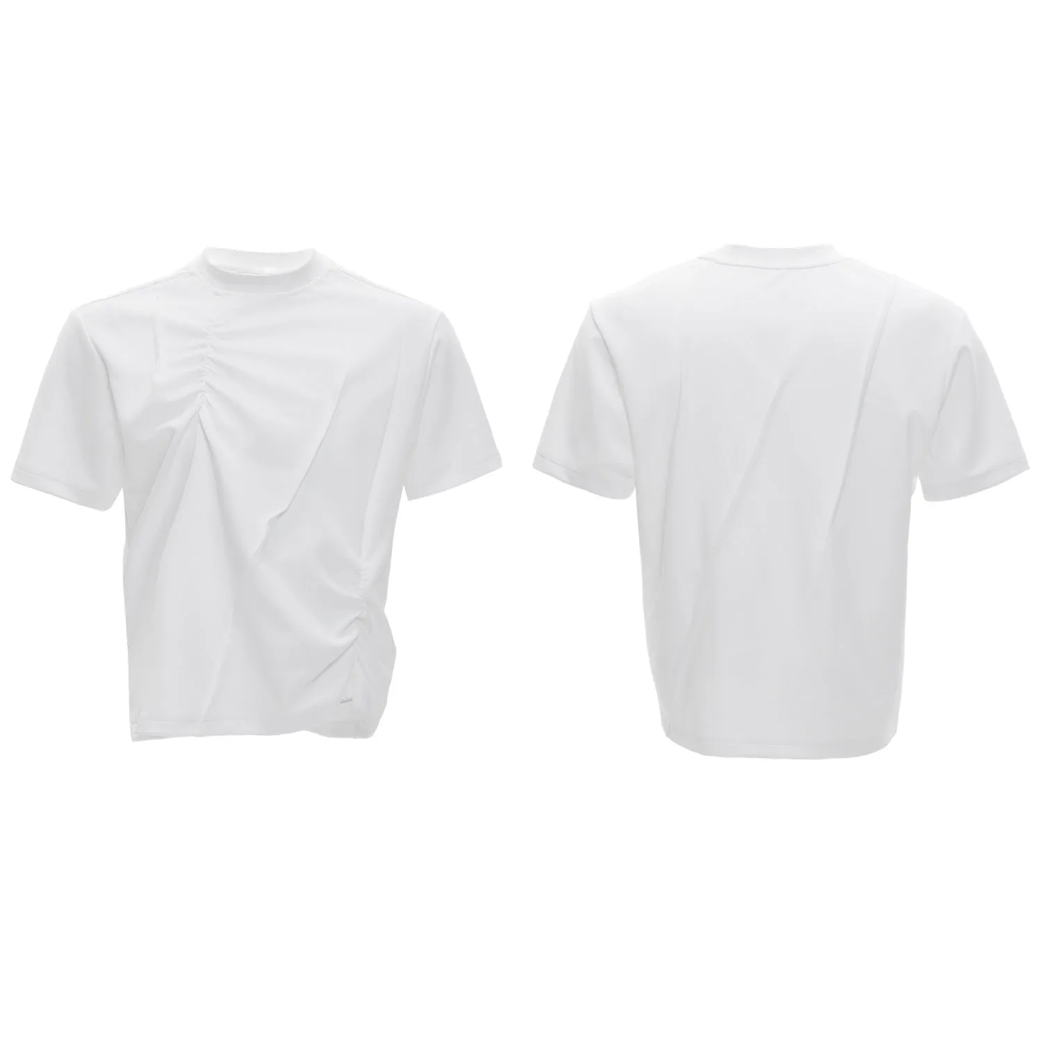 Men's loose black cotton T-shirt with textured pleats and asymmetric design detail.