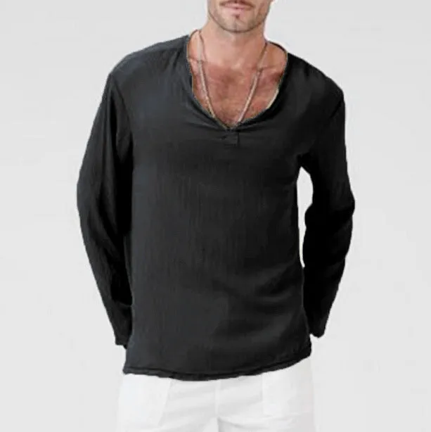 Cotton and linen ethnic style men's V-neck long sleeve T-shirt in khaki, front view
